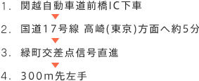 1.関越自動車道前橋IC下車 2.国道17号線 高崎(東京)方面へ約5分 3.緑町交差点信号直進 4.300m先左手